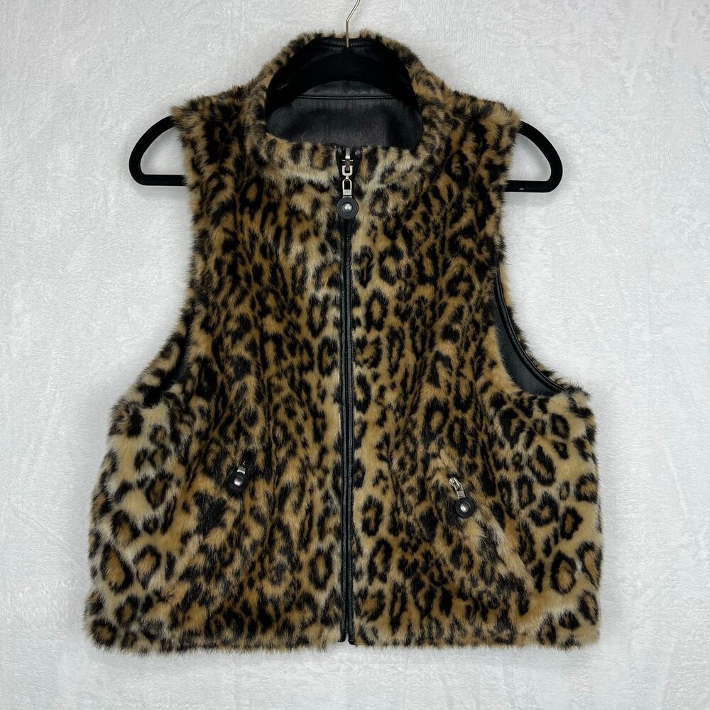 Jamie Sadock Black Leather and Leopard Faux Fur Reversible Zip up Vest Medium - Picture 6 of 16